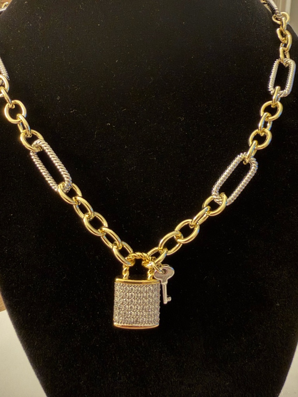 Gold and Silver Two-Tone Padlock Pendant Necklace -  16” + 2” ext.